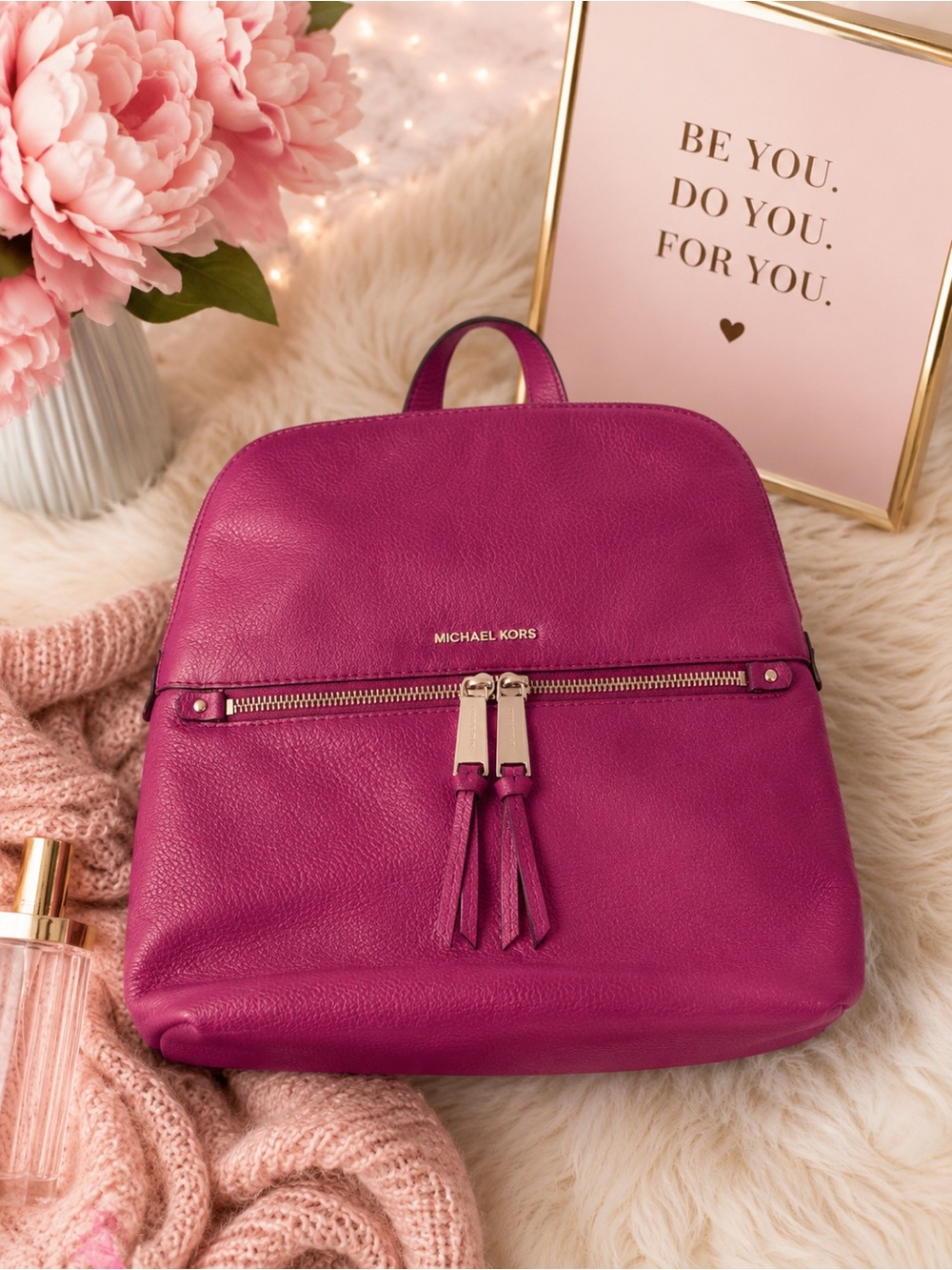 Michael Kors Fuchsia Leather Backpack with Gold Hardware